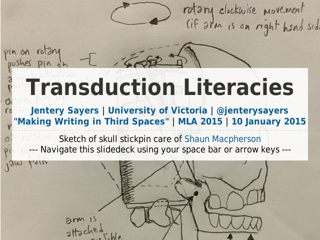 Transduction Literacies – Jentery Sayers | University of Victoria | @jenterysayers"Making Writing in Third Spaces" | MLA 2015 | 10 January 2015